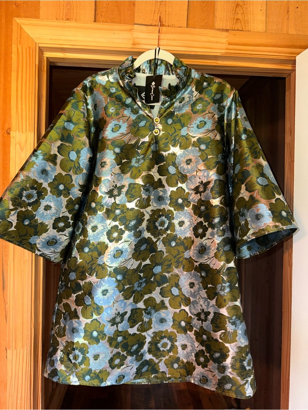 Brianna Cannon Floral Dress in Silver, Olive Green & Light Blue